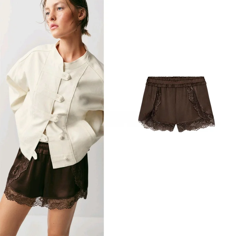 

Low Waist Elastic Waistband Lace Trim Casual Style Shorts Summer New Women's Fashion Straight Leg Pants Minimalist Style Poly...