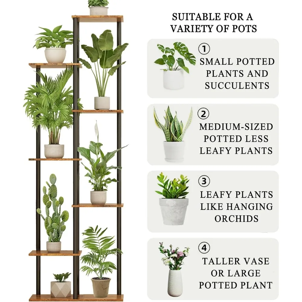 Indoor Metal Plant Rack, Multiple Flowerpot Height, Plant Supports, Simple Brown Color, 7-Story, 8-pot