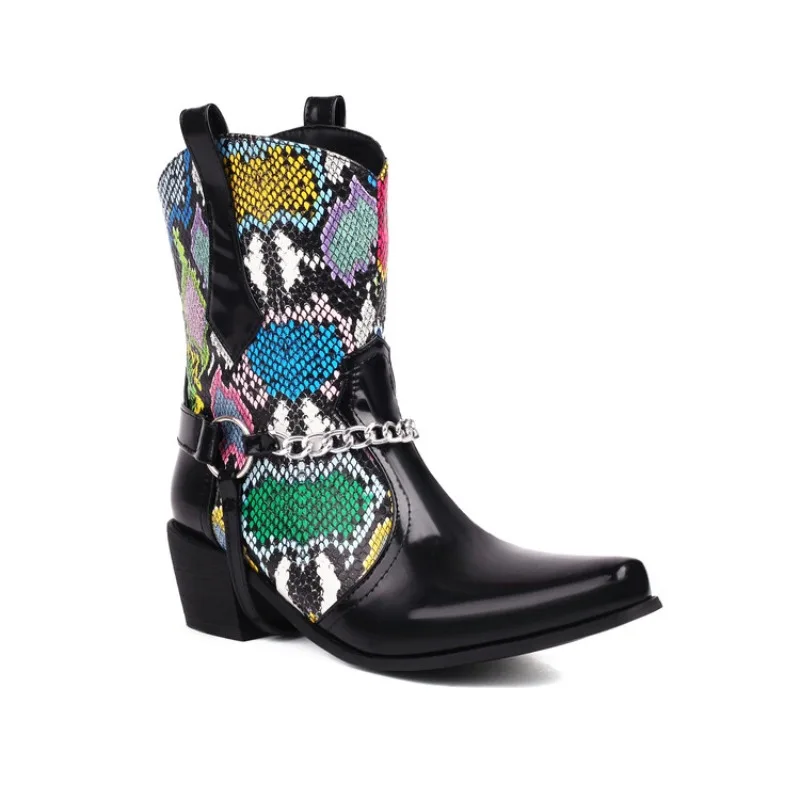 2023 Colorful Snake Print Short Boots 34-48 Small Square Head Chelsea Boot 5cm Thick Heel Fashion Metal Chain and Ankle Boots