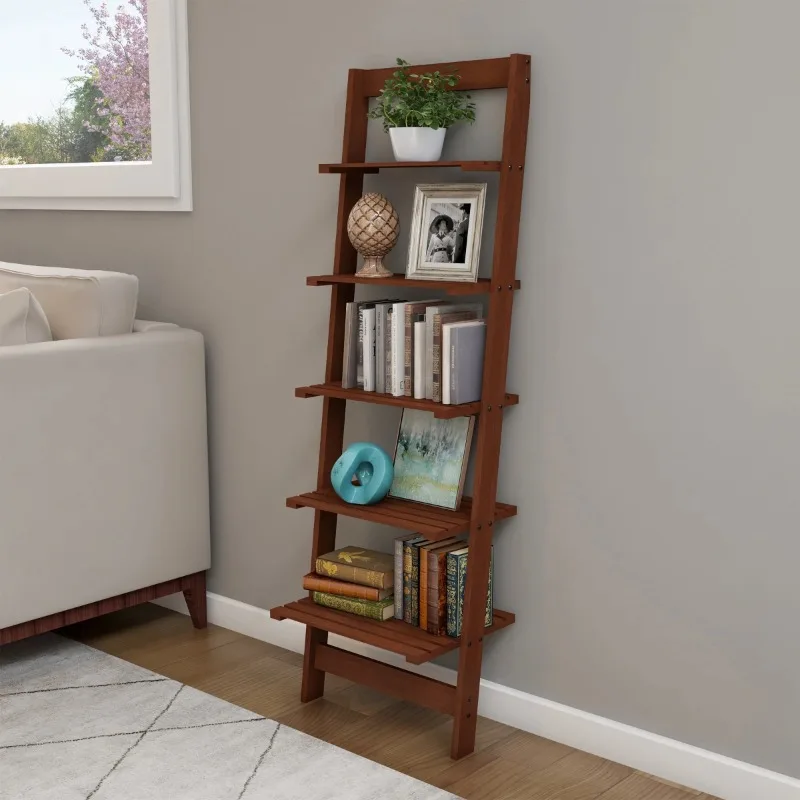 

5-Tier Ladder Style and Decorative Wooden Bookshelf with Leaning Look Shelves for Home and Office Storage