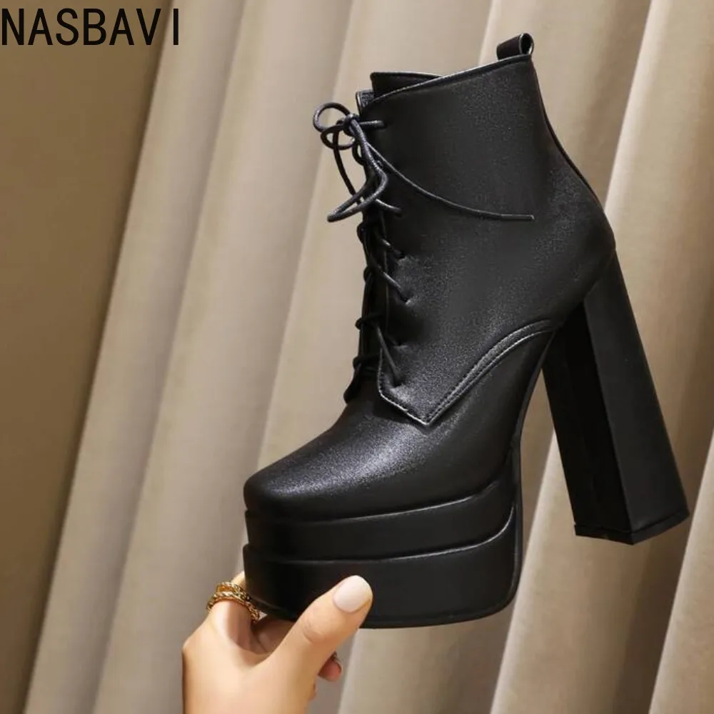 

Women Ankle Boots Platform Thick High Heel Ladies Short Boots PU Leather Square Toe Cross Tied Zipper Fashion Women Boots