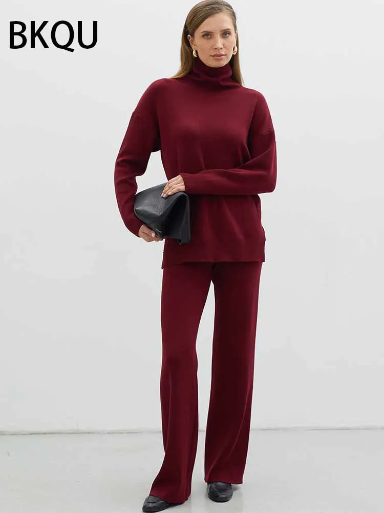 BKQU Solido maglione a collo alto Pantaloni Set da donna in due pezzi lavorato a maglia allentato morbido pullover pantaloni a gamba larga Outfit 2025 Autunno Inverno