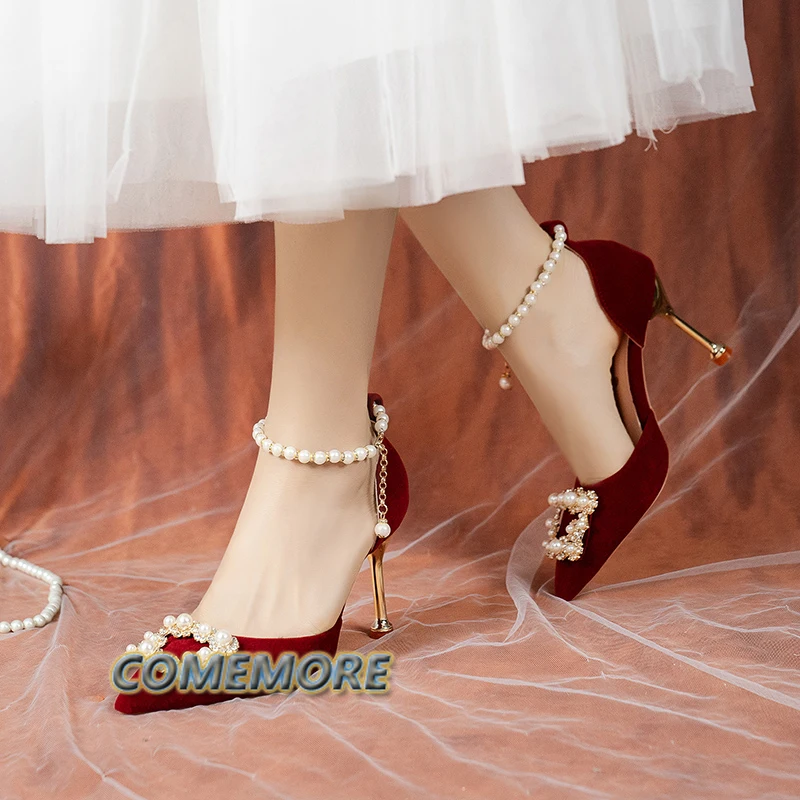 Elegant Pearl Crown Bride Shoes Women String Bead Ankle Strap Thin Heels Pumps Woman Flock Pointed Toe High Heels Wedding Shoes