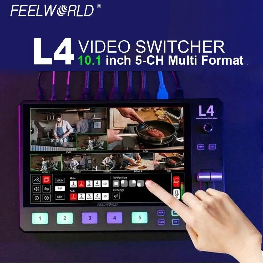 FEELWORLD L4 Video Switcher With 10.1 Inch Touch Screen for Live Streaming Equipment Card Mixer Equipments Photo Camera HDMI-com