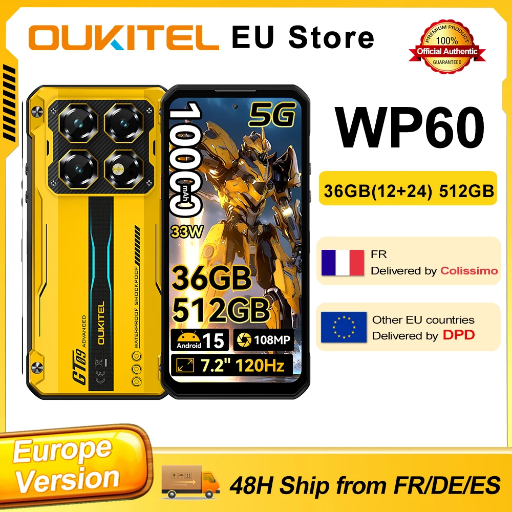 Smartphone OUKITEL WP60 con display HD+ da 7,2 e 120 Hz, 36 GB (12+24) di RAM, 512 GB di ROM, MTK 7025 5G, 10000 mAh, telefono robusto, 108 MP, Android 15, NFC