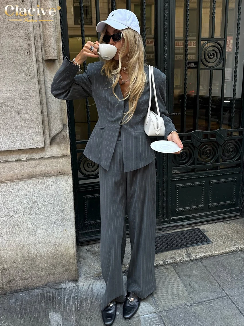 

Clacive Fashion Loose Print Trousers Set 2 Piece Woman 2025 Elegant Long Sleeve Shirt With High Waist Wide Pants Set Female