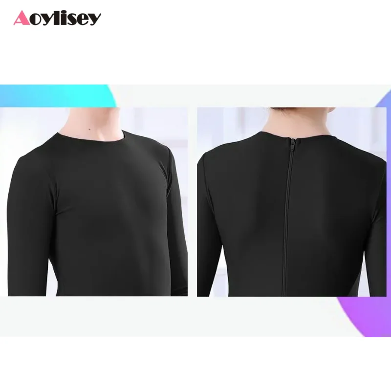 AOYLISEY Girls Dance Unitard Kids Ballet Skate Gymnastics Full Body Leotard Black Long Sleeve Bodysuit Children Jumpsuit Wear