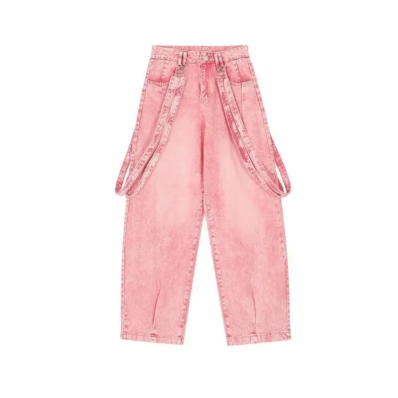 Calça jeans folgada rosa para mulheres, plus size, lace-up, sexy, cintura alta, reta, perna larga, calças cargo, novo design