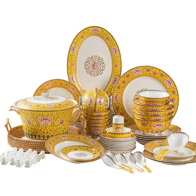 

Light luxury ceramic enamel color bone china tableware set can be printed with logo without elders