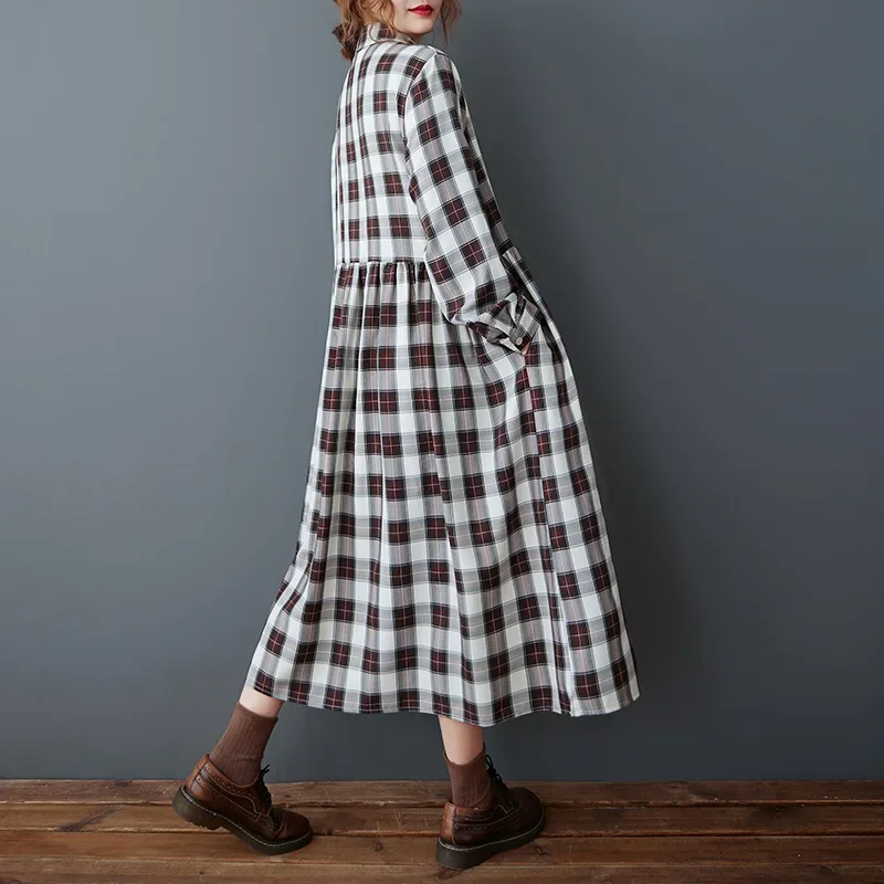 Vintage Plaid A-line Dress Women Long Sleeve Vintage Split Joint Midi Dress Ladies Loose Turn-down Collar Long Shirt Dress