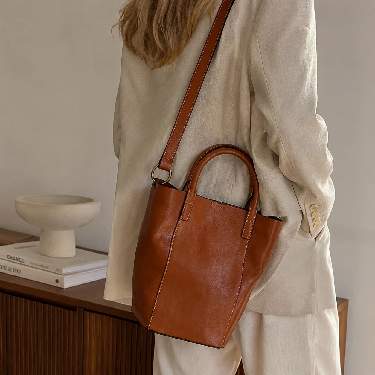 Genuine Leather Vintage Tote Bag For Women Vegetable Tanned Leather Shoulder Bag Large Capacity Work Commute Handbag