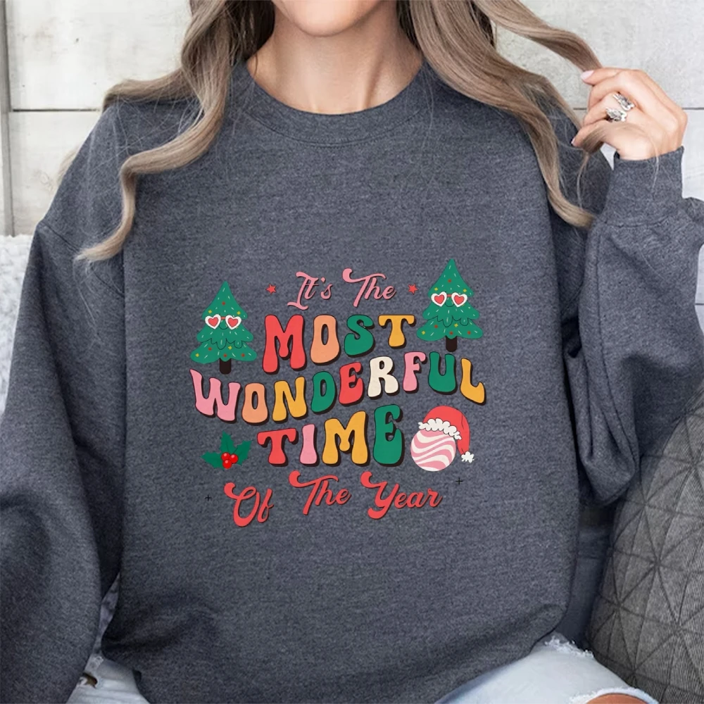 Crew Neck Women Sweater Hoodie Christmas Style Pine Snowman Chic Graphic Printing Cotton Soft Fabric New Sweatshirt