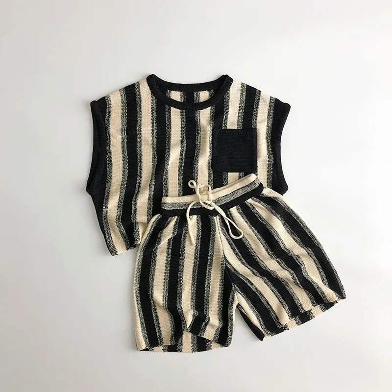 

2024 Summer New Children Sleeveless Knitted Set Baby Boy Girl Striped T Shirts + Shorts 2pcs Suit Kids Fashion Thin Vest Outfits