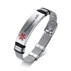 Men's Medical Alert Jewelry and Custom Engravable IDs Brazalets Stainless Steel Wristband Bracelet Personalized Emergency Bangle