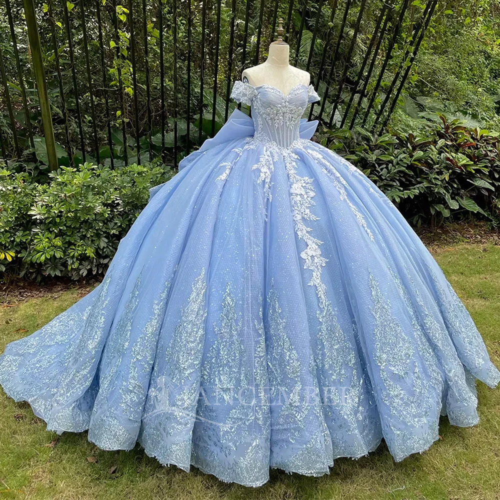 

Бальное платье Quinceanera, кружевное платье Vestidos De 15, блестящее вечернее платье принцессы с блестками на день рождения, индивидуальное вечернее платье с большим бантом
