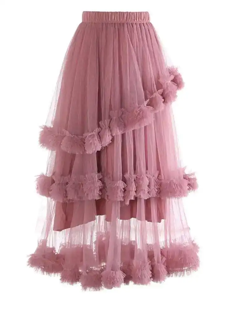 High Elastic Waist Yellow Mesh Ruffles Irregular A-line Half-body Skirt Women Fashion Tide New Spring Autumn