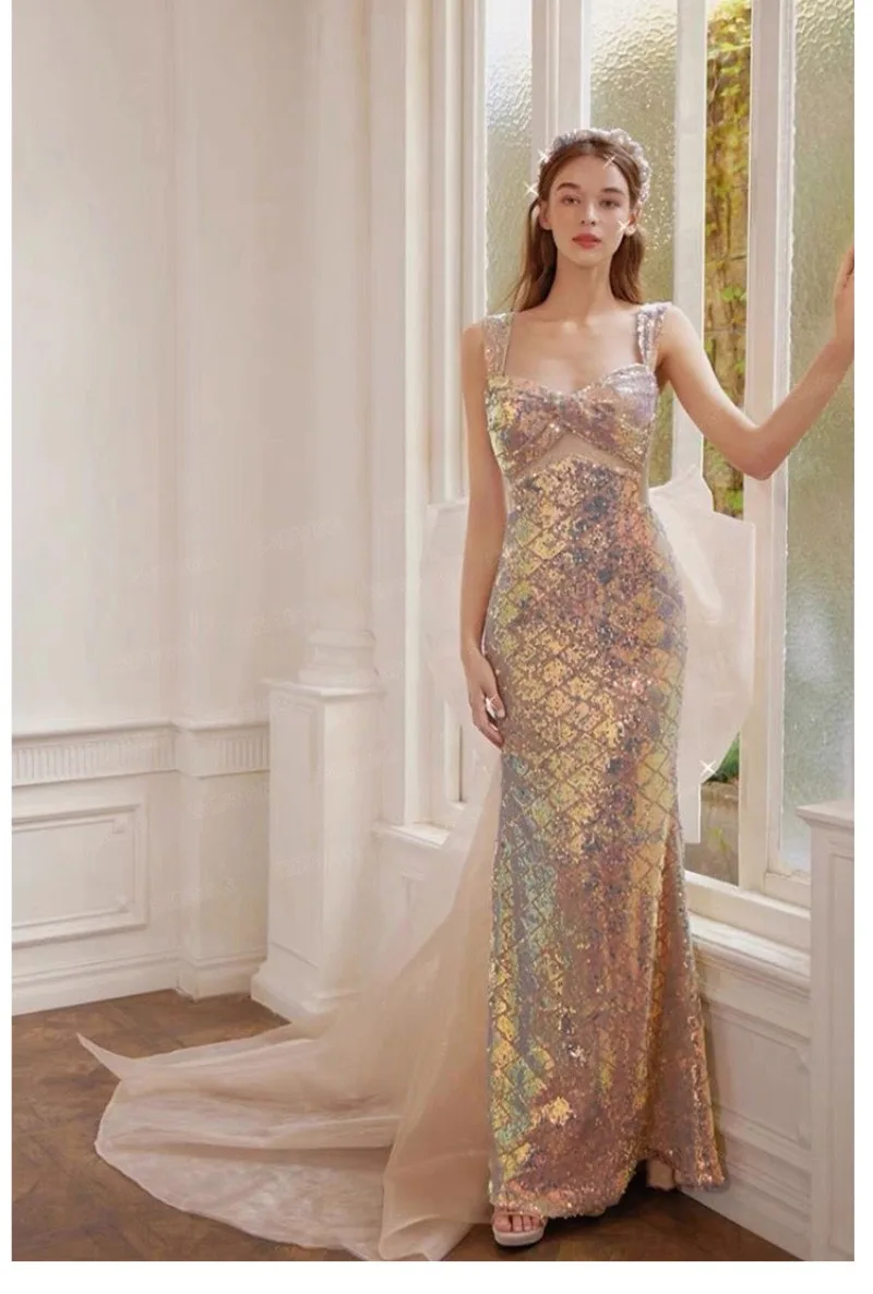 Women Shiny Evening Party Prom Gowns Detachable Bow Back Mermaid Prom Dress Glitter Sequin Sparkle Sweetheart Wedding Dresses