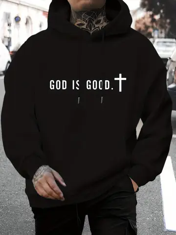 Men Hoodie Minimal Text And Cross Graphic Print Long Sleeve Drawstring Hood Pullover Lined Casual Sweatshirt Loose StreetwearTop