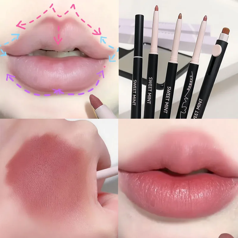 Lip Liner Pencil with Brush Double Sided Matte Nude Contour Lipstick Pen Waterproof Lasting Outline Lips Shape Korean Cosmetics