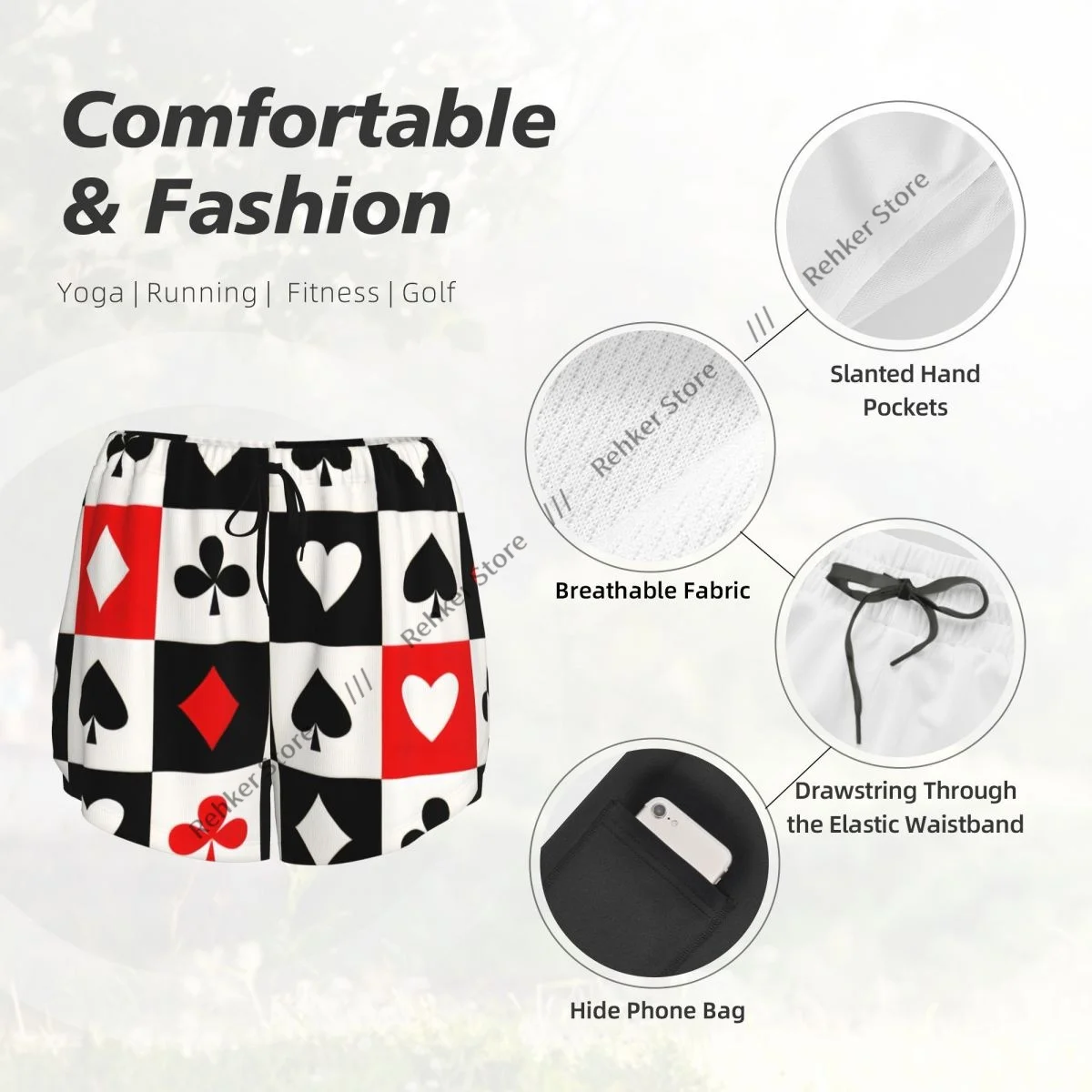 Frauen Yoga Shorts Rot Schwarz Poker Quadrat Plaid Herz Spielkarten Leichte Schnell Trocknend Atmungsaktive Outdoor Laufshorts