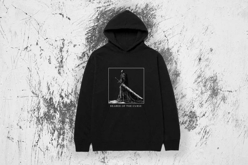 Dark Souls Tarnished Knight Hoodie, Gothic Grim Reaper Design, Large Sword Graphic, Fantasy Warrior Apparel,