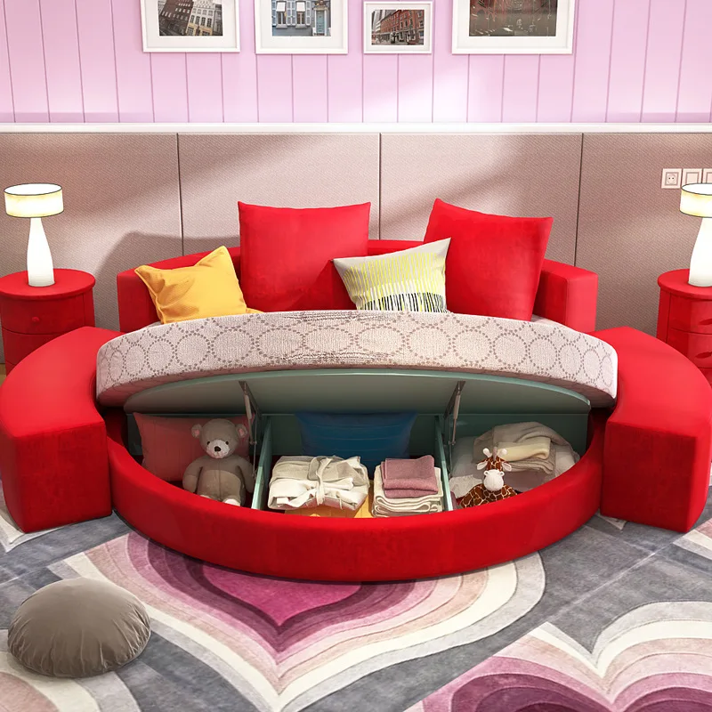 سرير مستدير سرير مزدوج زفاف الأميرة موضوع فندق النسيج جولة جلدية سرير مستدير نسيج المشاهير الإنترنت #1