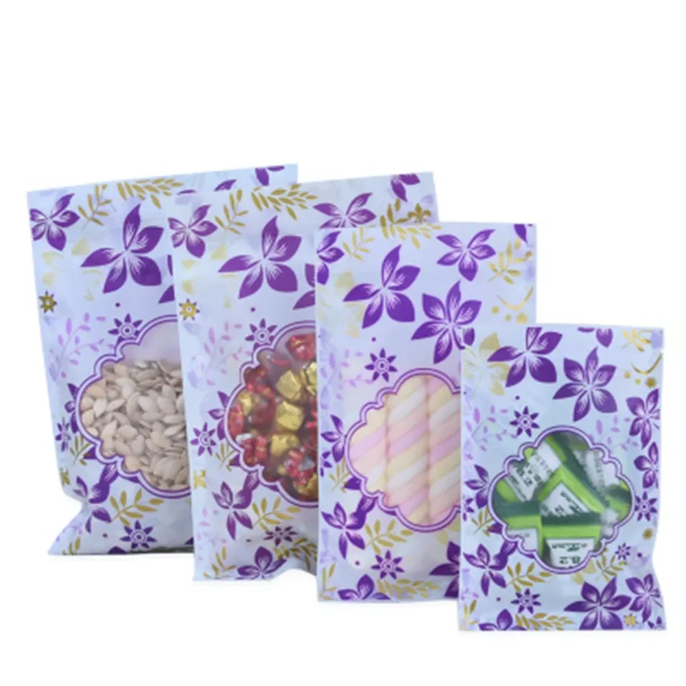 

100Pcs Purple Print Window Zip Lock Bag Food Candy Dried Fruit Nuts Snacks Peanut Powder Tea Tear Notch Reusable Reclosable