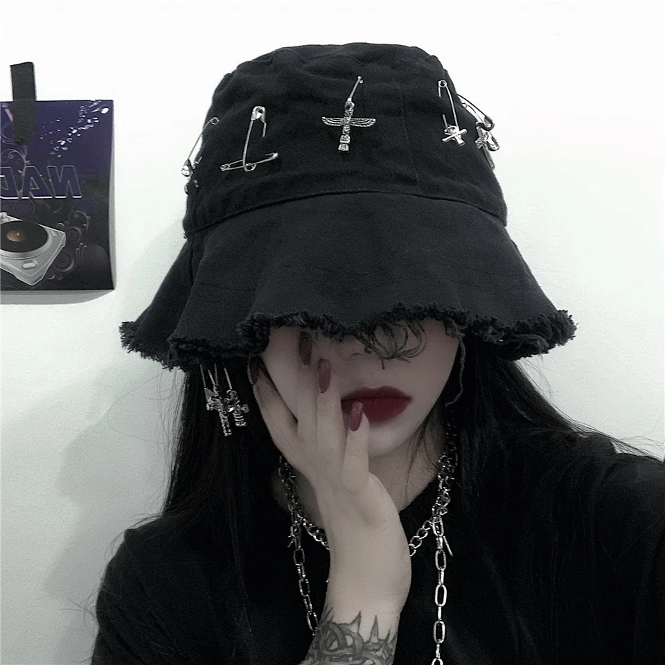 Ruibbit Harajuku Hat Female Ins Trendy High Street Hip Hop Pin Rings Dark Cross Bucket Caps Grunge Brim Hat Women Black