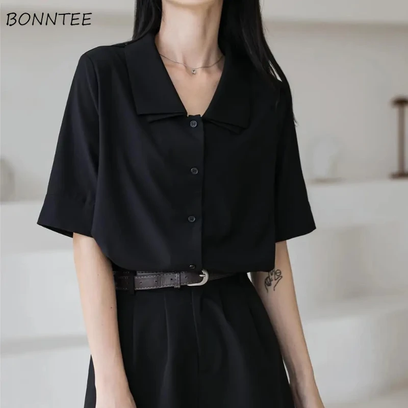 

Shirts Women Black Turn-down Collar Short-sleeved Casual Personalized Street Style All-match Ulzzang Ins Summer Young Clothing