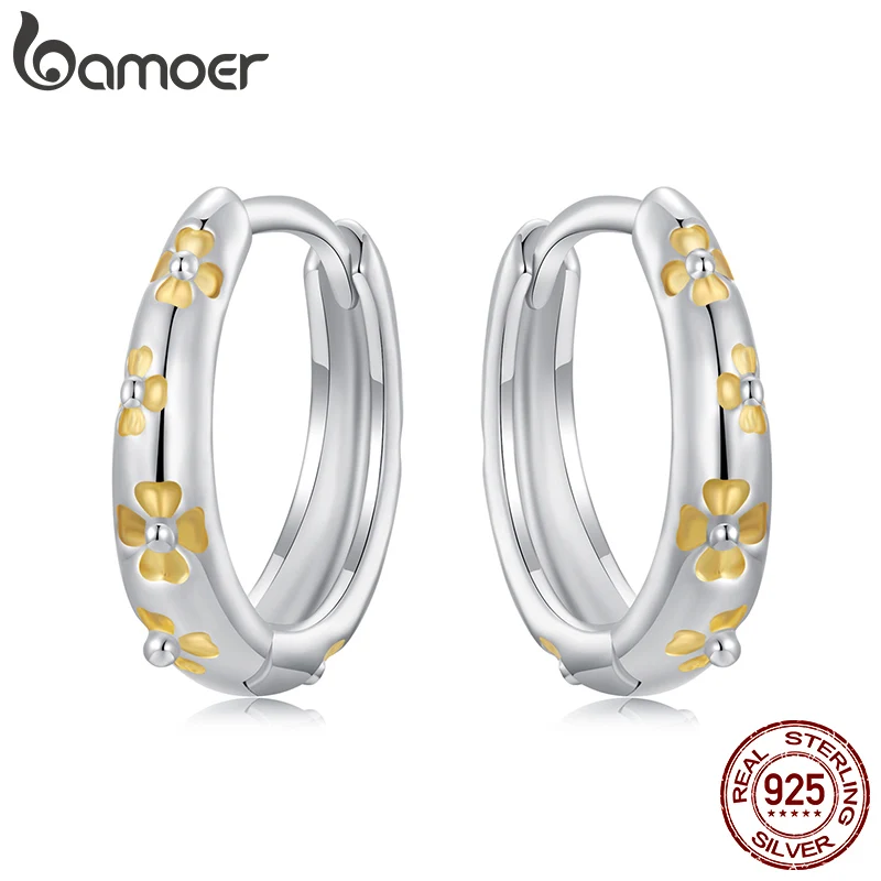 BAMOER Solid 925 Sterling Silver Lucky Four Leaf Clover Huggie Earrings, Small Geometric Hoop Earrings for Women BSE1121