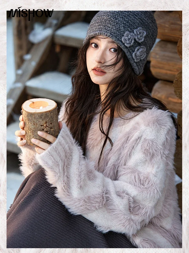 MISHOW Soft Faux Mink Fur Sweaters Thickened Warm O-Neck Pullovers Women Winter Clothes Sweets Temperament Plush Top MXD56Z0922