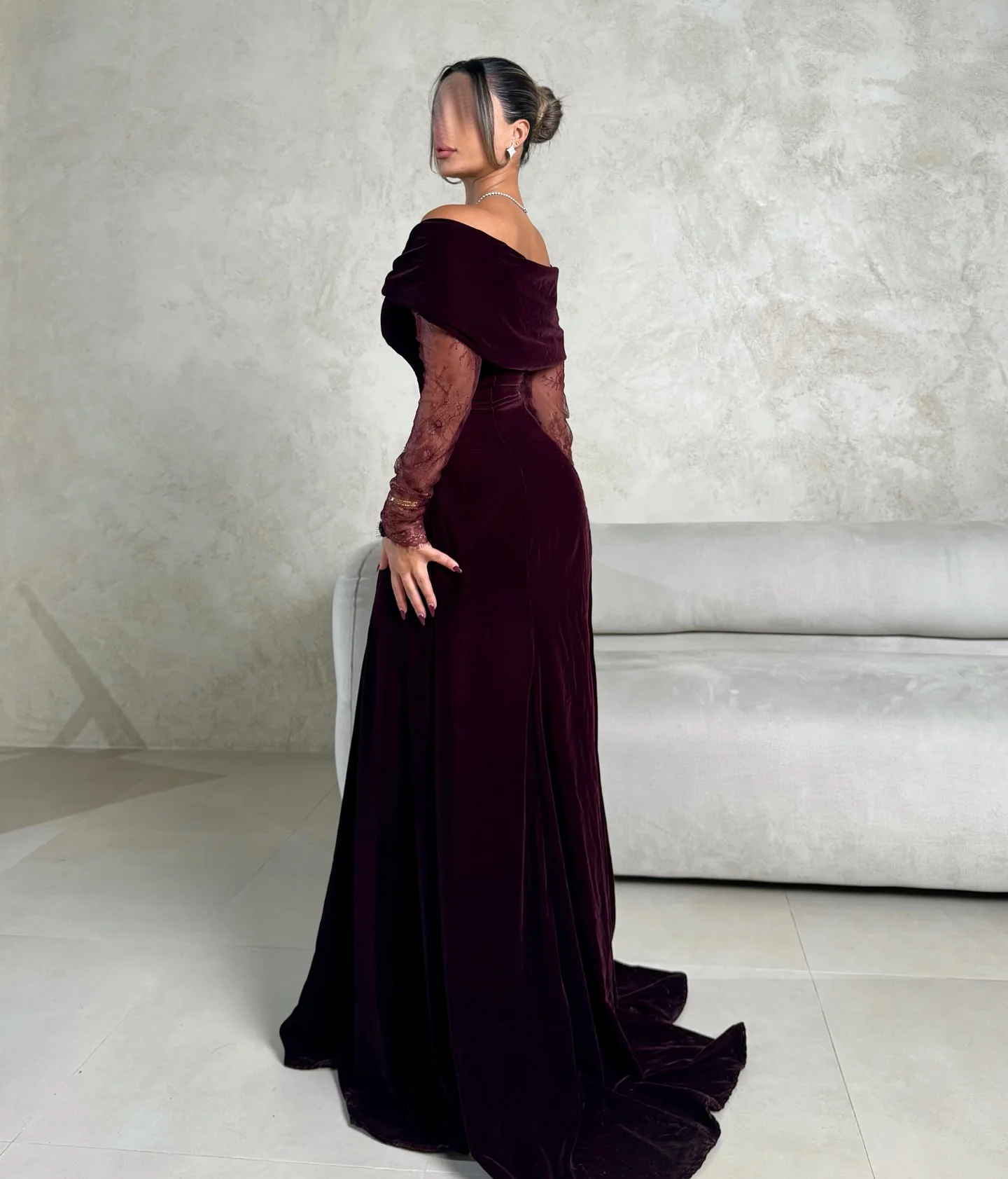 QA Elegant Sharon Happy Evening Dresses Off-the-shoulder Velvet Lace Long Sleeves Bow Pleats A-line Prom Floor Length Zipper