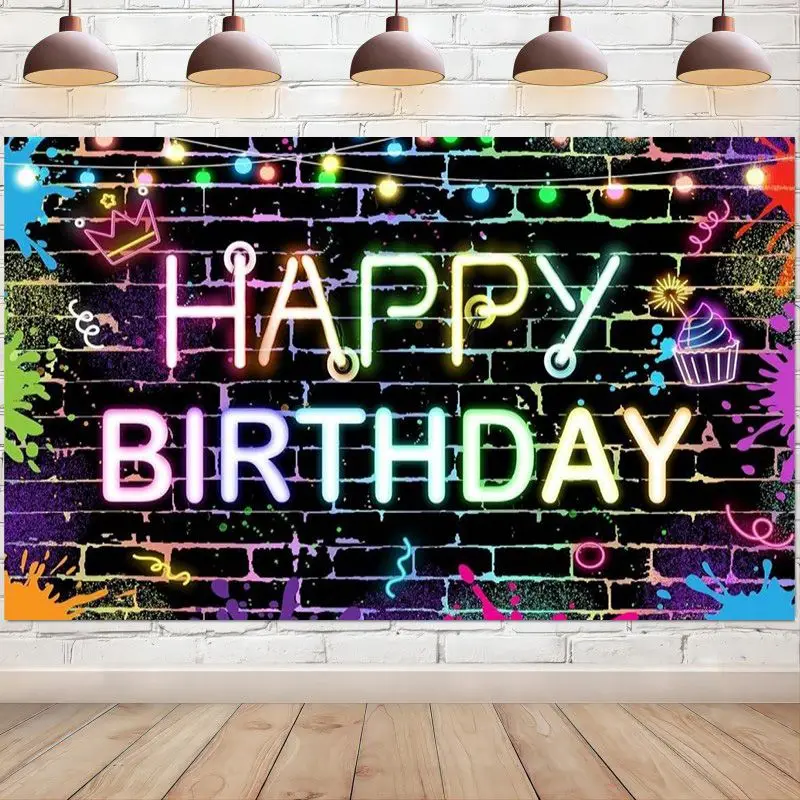 

Black Happy Birthday Backdrop Neon Glow in The Dark Party Decoration Graffiti Colorful HipHop Cool Photography Background Banner