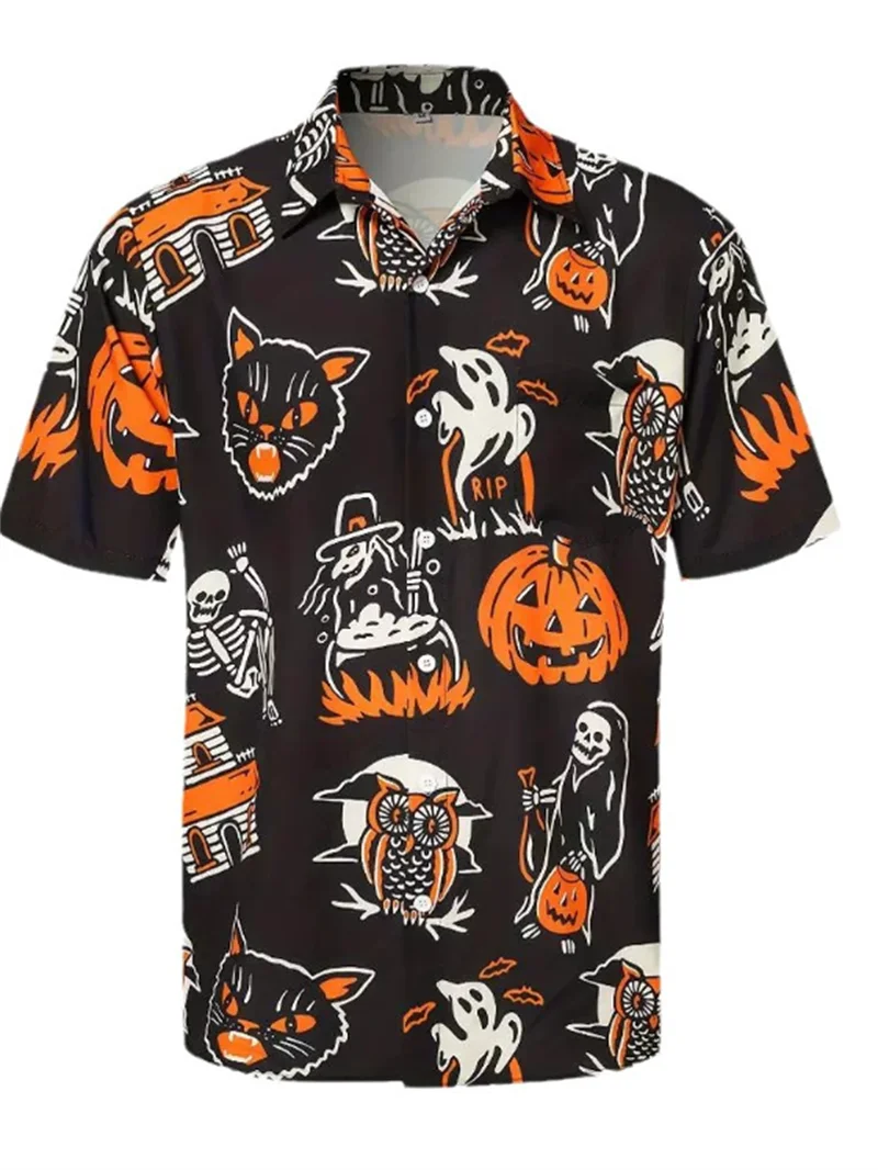 Camisa havaiana de Halloween masculina e feminina camisa de manga curta casual festa praia camisa