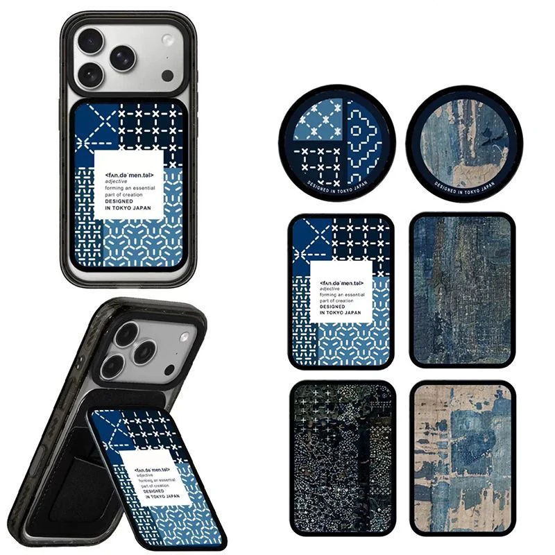 Tokyo Denim Texture Pattern Magnetic Phone Grip Card Holder Stand for IPhone 13 14 15 16 17 18 Pro Max Case