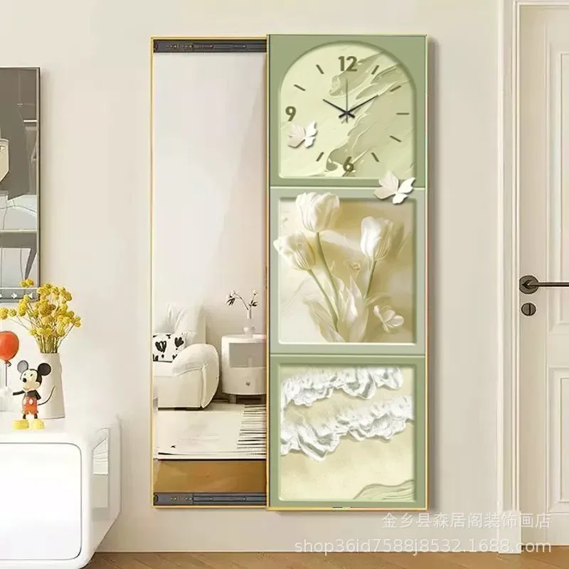Cream Sliding Full Length Mirror with Hidden Clock Wall Mounted Push Pull Makeup Mirror for Entryway Bedroom