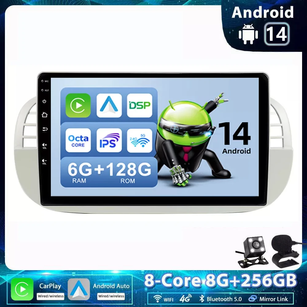 

9'' Android 14 Car Radio For Fiat 500 2007 - 2015 Stereo Multimedia Video Player Navigation GPS WIFI BT 4G Carplay Autoradio
