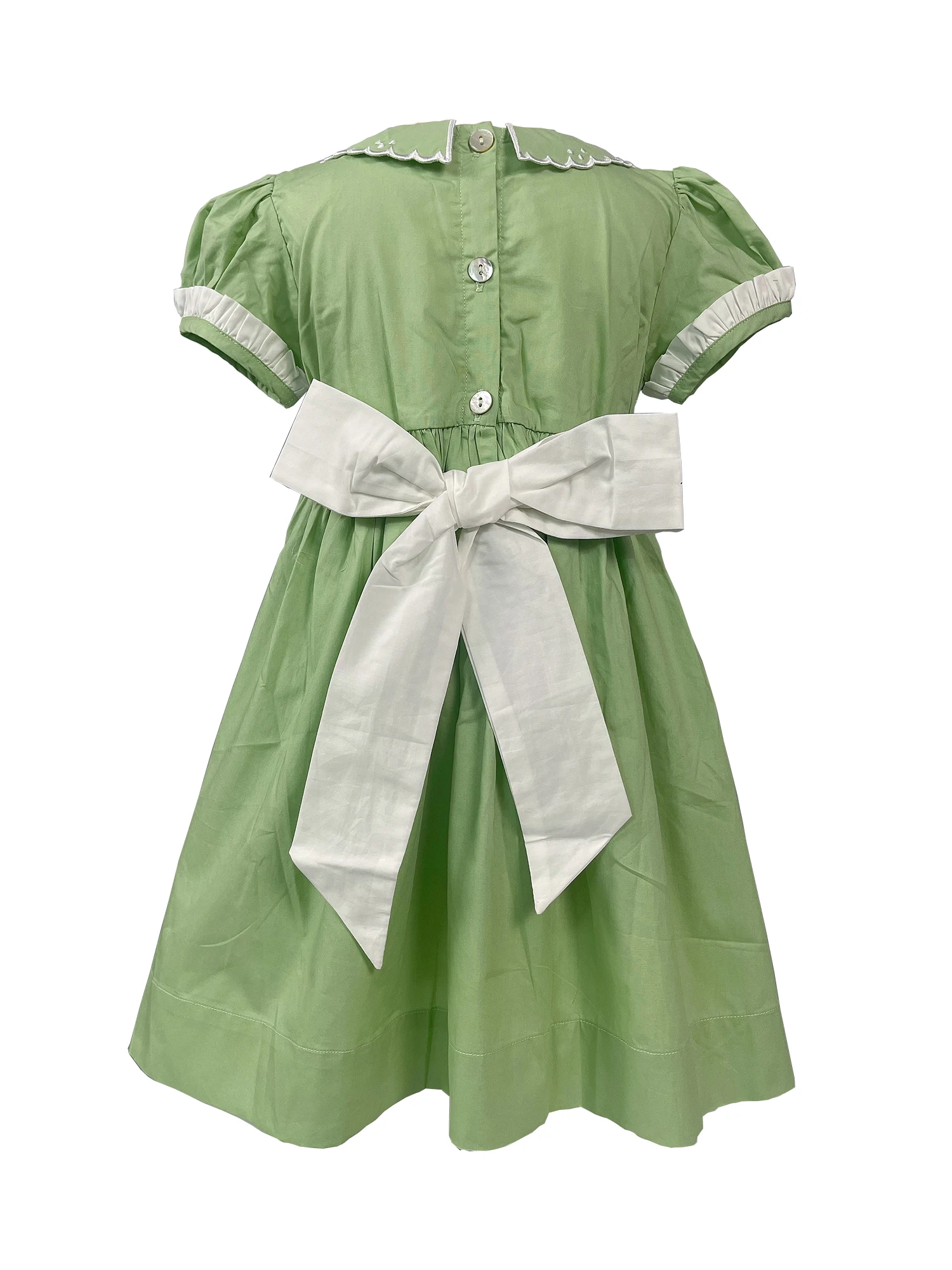 Summer Heavy Handmade Smocking Dress Bubble 2Pcs Set Green Cotton Embroidery Brothers Sisters Banquet Party Performance Clothing