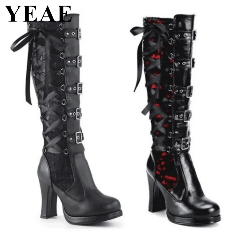 Autumn Winter Platform Knee High Boots For Women Lace Up Chunky High Heel Motorcycle Boots Punk Black Buckle Gothic Shoes 2023