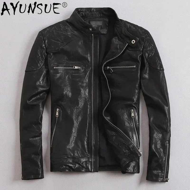 

AYUNSUE 100% Genuine Leather Jacket Men Clothing 2021 Goatskin Leather Coat Vintage Biker Motorcycle Jacket Spring Autumn KJ6649