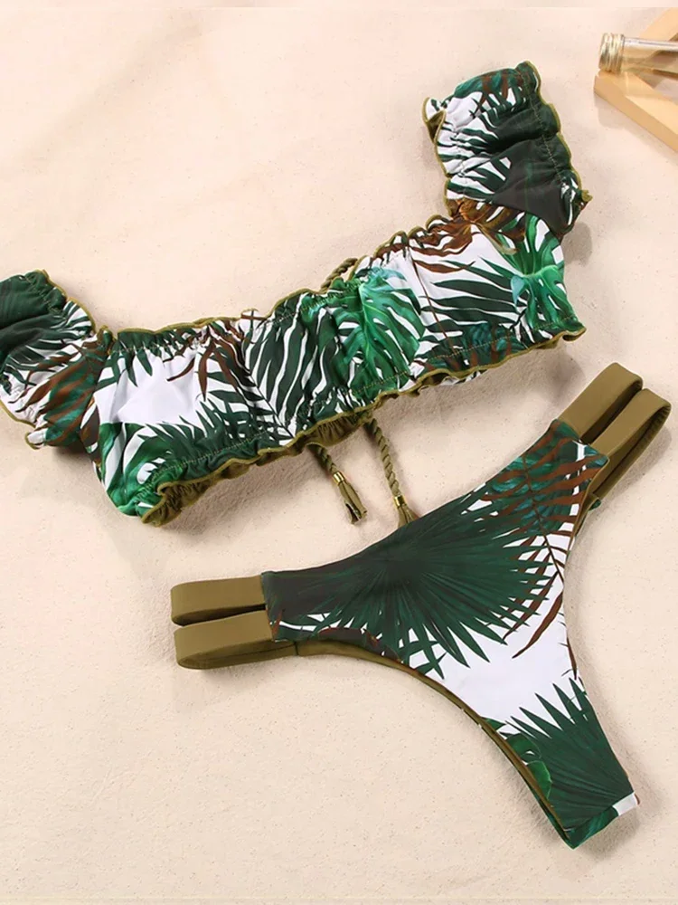 

Модное бикини 2025 года, бразильский купальник с эффектом пуш-ап, женский складной бикини, сексуальный купальник с принтом, женские бандажные комплекты бикини на одно плечо