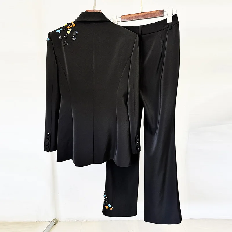 Luxury 2025 Spring Color Sequins Two Piece Matching Set Women's Full Sleeve Blazers Long Pants 2pcs Formal Occasions Suit Coats