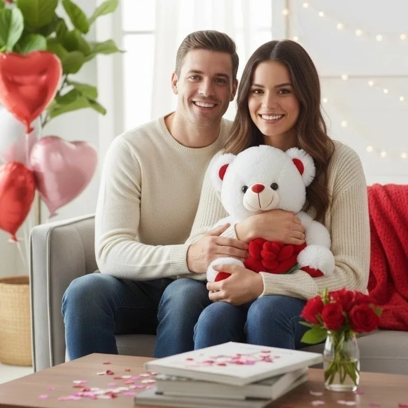 دمية دب تيدي قطيفة بطول 30 سم تحمل وردة بيضاء، هدية عيد الحب وأعياد الميلاد، دمية ناعمة للزينة