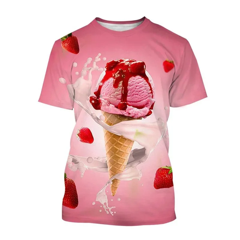 Men Strawberry Ice Cream T Shirt Sweet Dessert Cone Graphic Short Sleeve Casual Tee