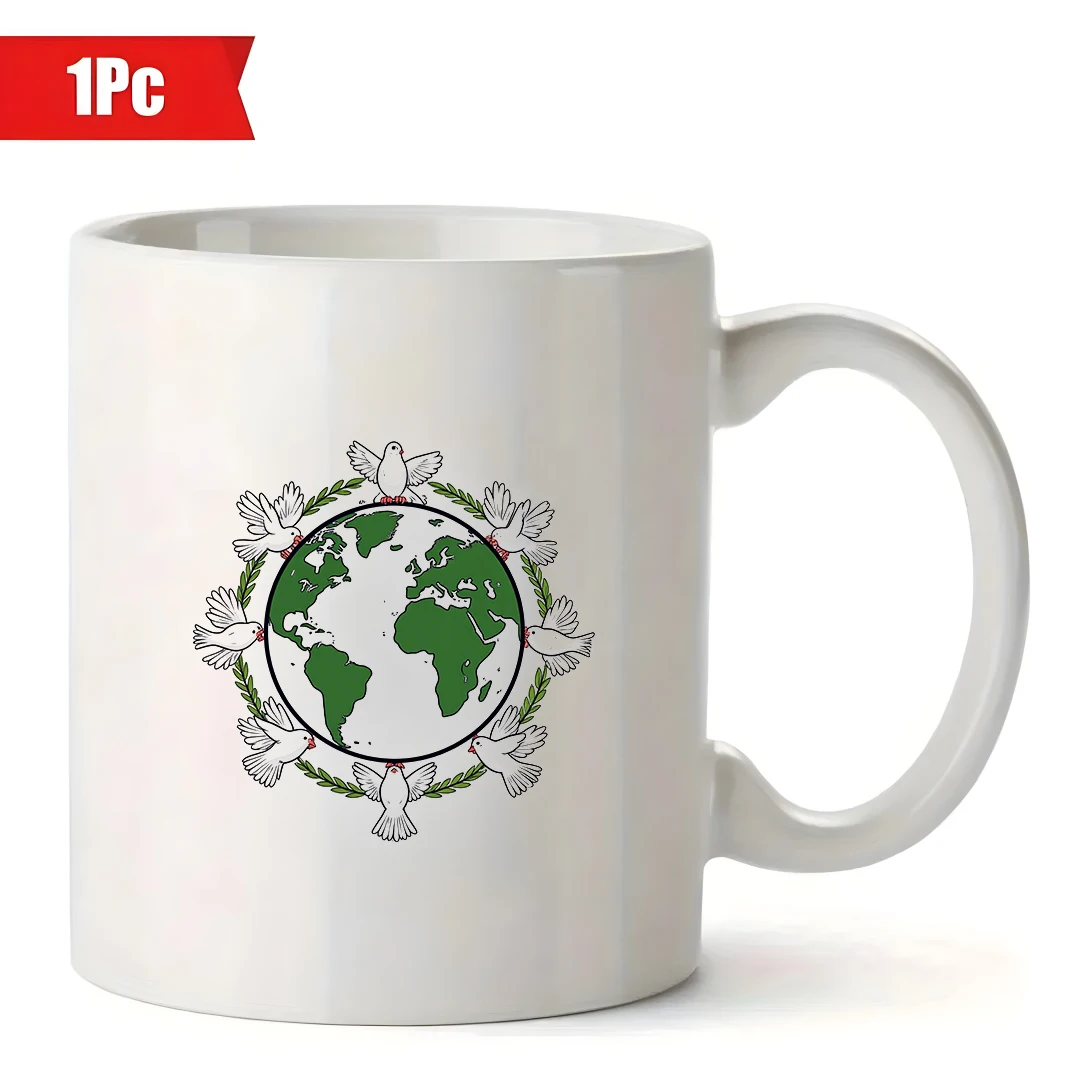 كوب أرضي صديق للبيئة سعة 11 أونصة + كرة أرضية كرتونية + فرع زيتون وحمامة + كوب مكتب عائلي للأطفال - هدية عيد الميلاد