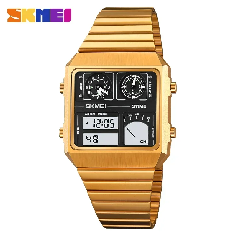 SKMEI 2198 Luxury Waterproof Sports Week Date Mens Wristwatches Alarm Stainless Steel Digital Watch Men 2033 Relógio Masculino