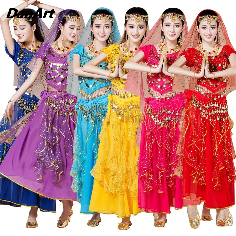 

Shining Belly Dance Pendant Coin Ribbon Colorful Skirt Stage Performance Costume Indian Dance Practice Dress Short Sleeve Skirt