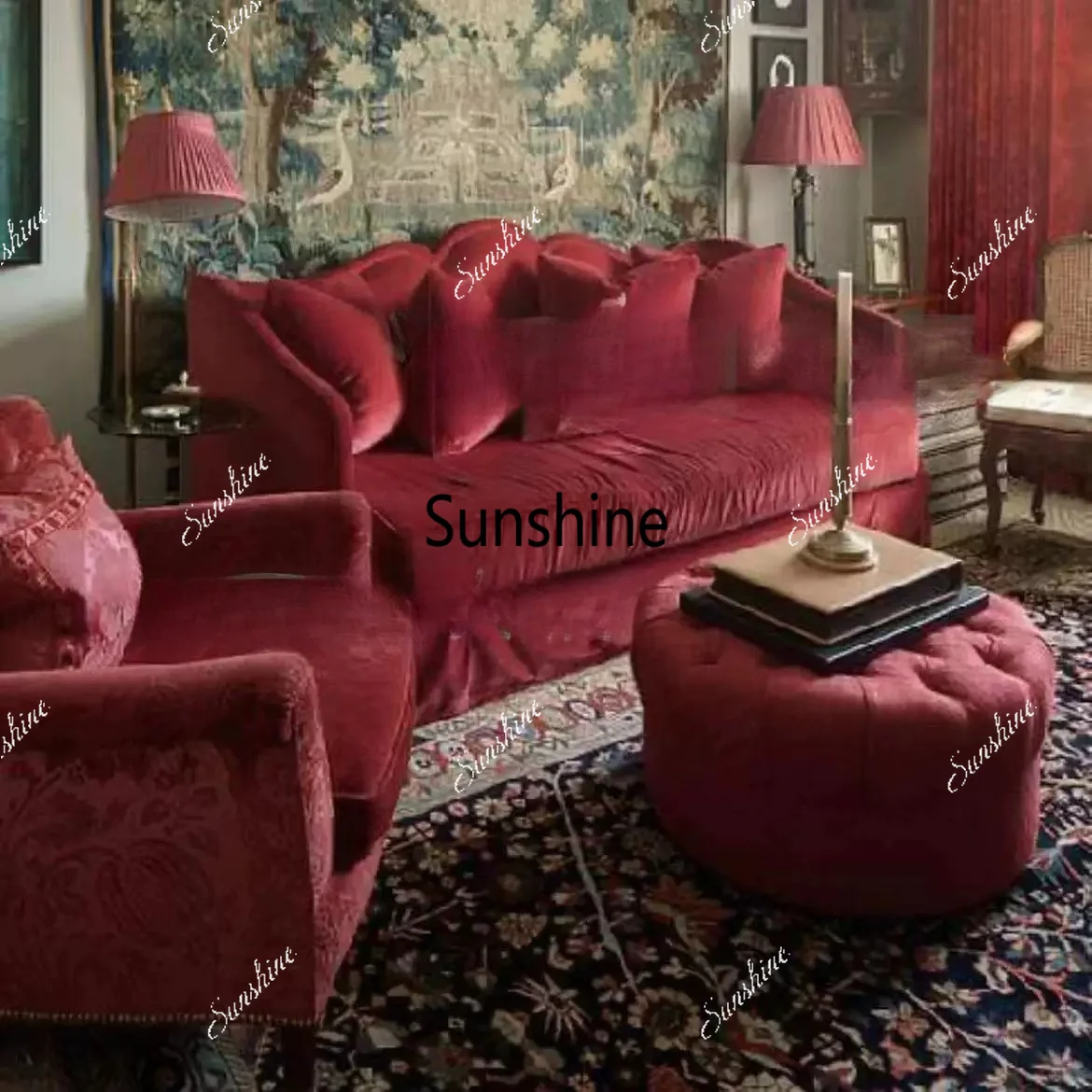 Retro fabric living room villa double three-person small apartment household high-back sofa