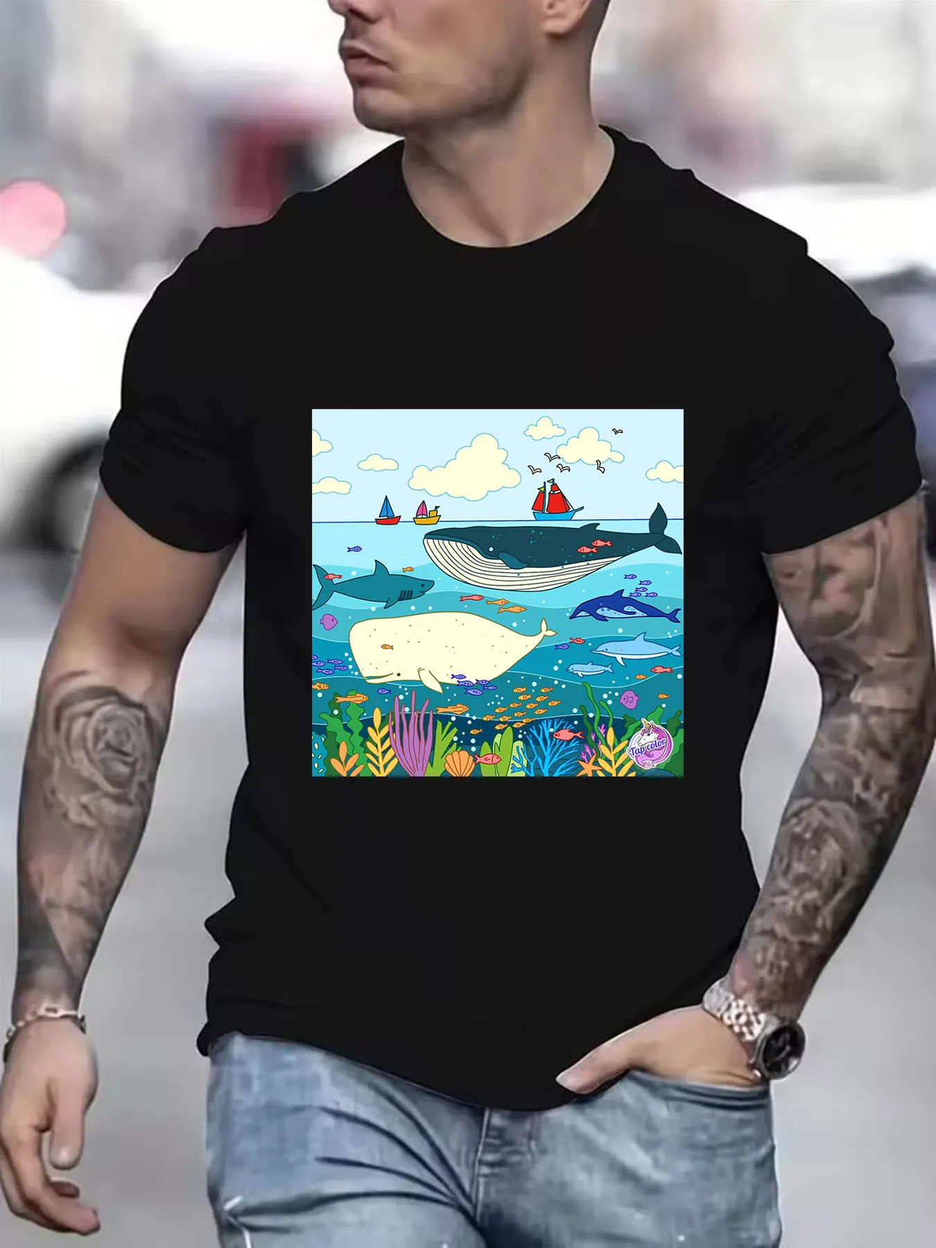 Men's Cotton T-Shirt with Vibrant Ocean Print, Featuring Whales Sharks and Tropical Fish, Breathable Casual Short Sleeve Tee