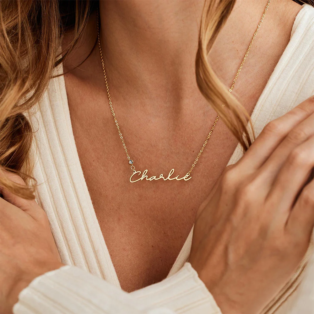 

Luxury Gold Plated Custom Name Necklace With Birthstone, Personalized Script Name Pendant, Elegant Minimalist Jewelry For Women